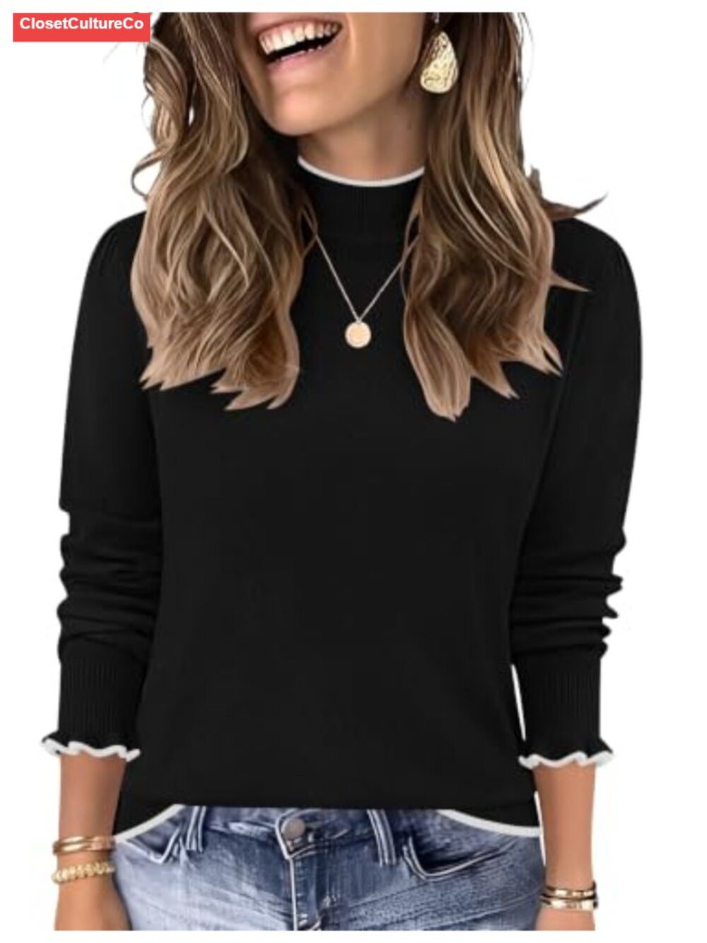 Mock Neck Long Sleeve Wool Blend Knit Pullover Sweater Ruffled Cuffs